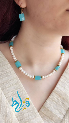 اویز و گردنبند مروارید اصلی سنگ اونتورین و اکوئامارین