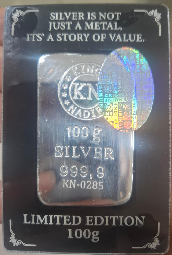 شمش نقره ترکیهای ندیر 100 گرمی KING NADIR عیار 999.9 – نقره فوق خالص