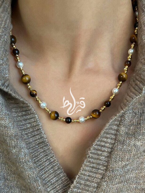گردنبند زنانه سنگ چشم ببر و مروارید طبیعی قیراط۹۸
