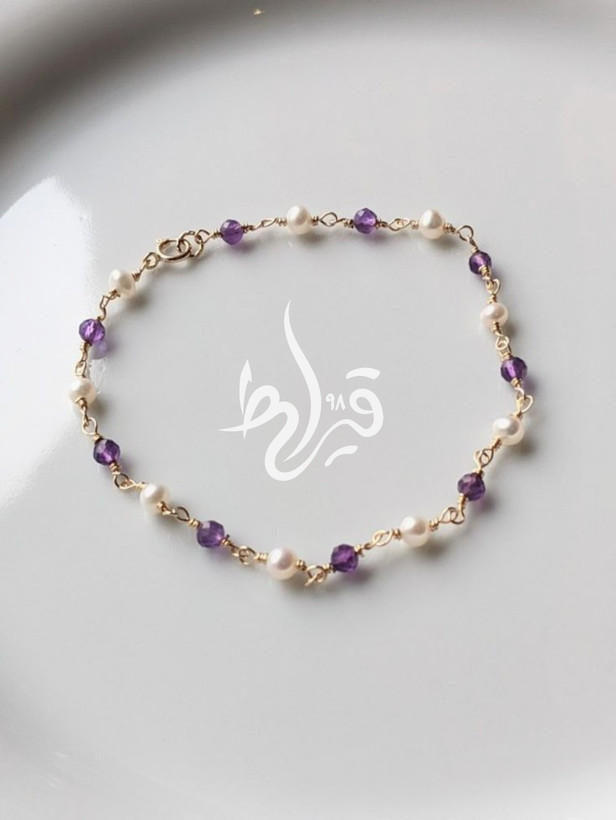 دستبند زنانه سنگ آمیتیست و مروارید طبیعی قیراط۹۸