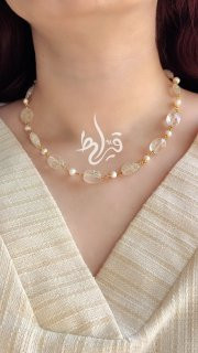 نیم ست زنانه دستبند و گردنبند سنگ کوارتز و مروارید طبیعی قیراط۹۸