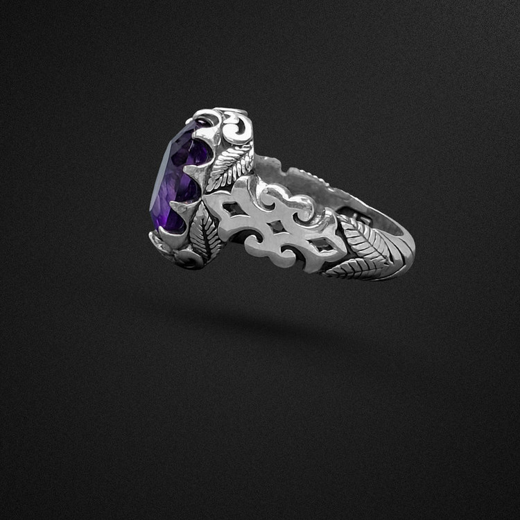 انگشتر نقره مردانه 925 سنگ آمیتیست مدل تراش لیزر رکاب برگدار کد 2301