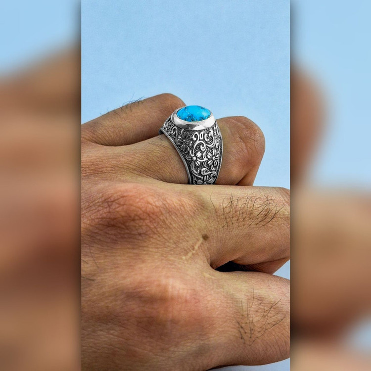 انگشتر نقره مردانه 925 سنگ فیروزه نیشابور مدل رکاب گل اسلیمی کد 9903