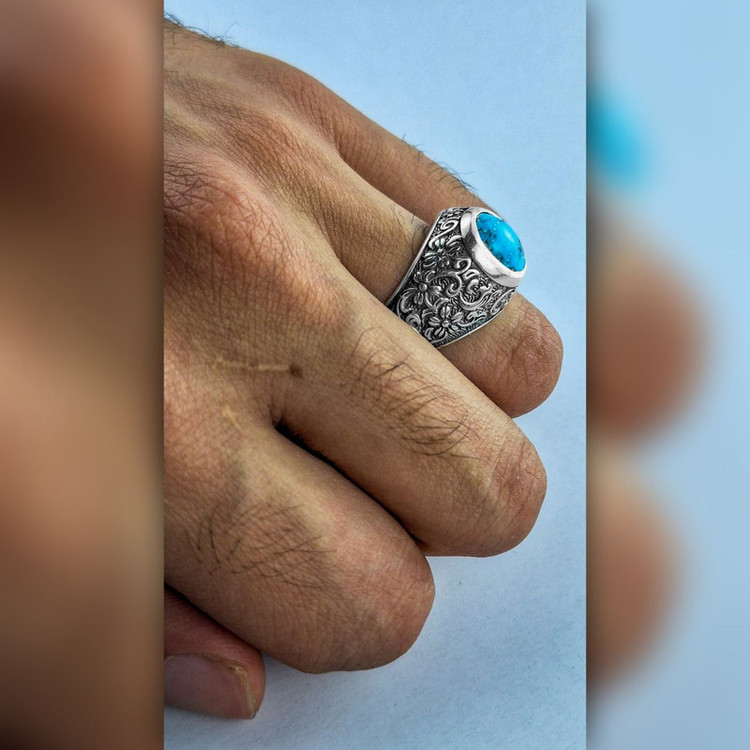 انگشتر نقره مردانه 925 سنگ فیروزه نیشابور مدل رکاب گل اسلیمی کد 9903