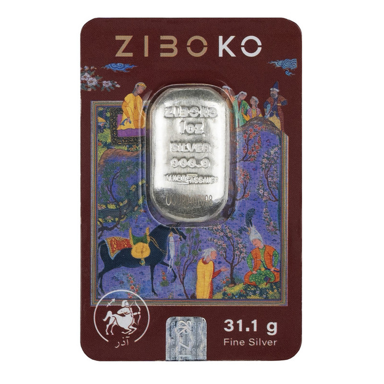شمش نقره 1 اونسی (31.1 گرمی) زیبوکو آذر عیار 999 | شمش نقره Zioboco سری آذر | قیراط98