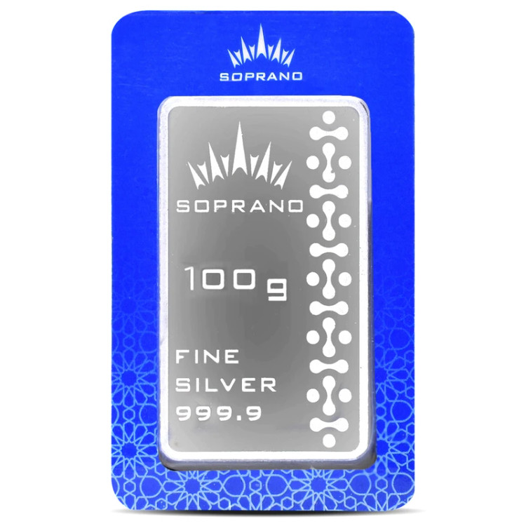 شمش نقره 100 گرمی سوپرانو عیار 999.9 | نقره خالص فوقالعاده Soprano | قیمت شمش نقره 100 گرمی | قیراط98