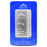 شمش نقره 50 گرمی سوپرانو عیار 999.9 | نقره خالص فوقالعاده Soprano | قیمت شمش نقره 50 گرمی | قیراط98