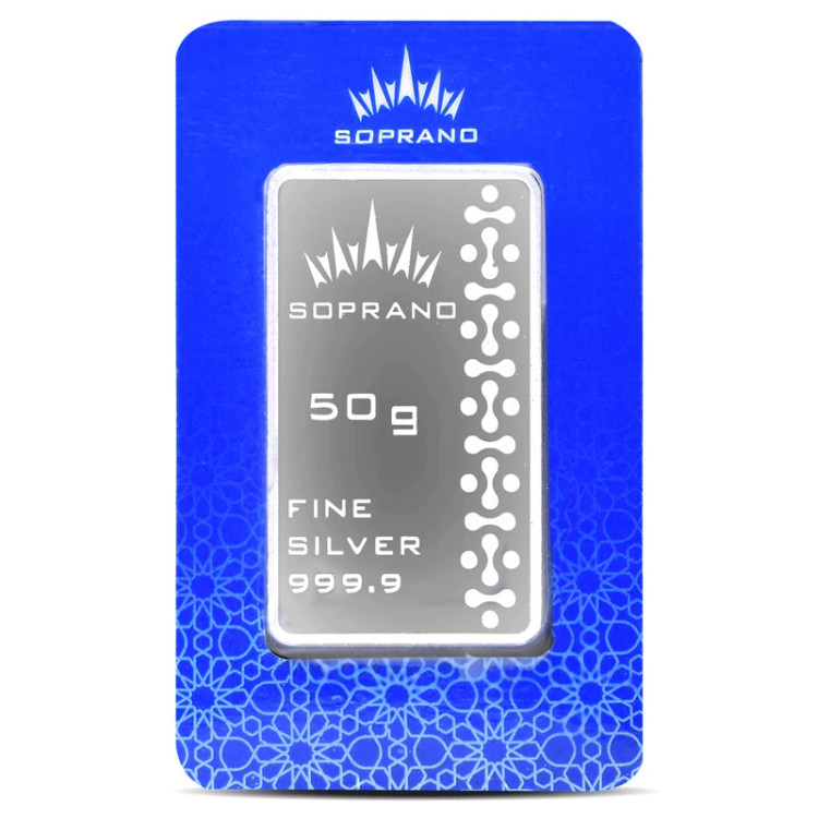شمش نقره 50 گرمی سوپرانو عیار 999.9 | نقره خالص فوقالعاده Soprano | قیمت شمش نقره 50 گرمی | قیراط98