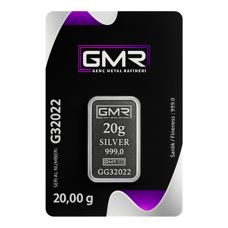 شمش نقره 20 گرمی جی ام آر ترکیه (GMR) با عیار 999.0