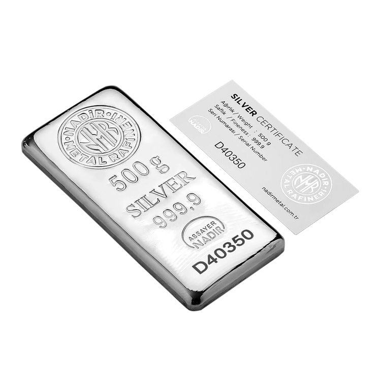 شمش نقره نادیر. ندیر 500 گرمی ، نیم کیلویی عیار 999.9 نادیر ترکیه برند ندیر (Nadir Metal)