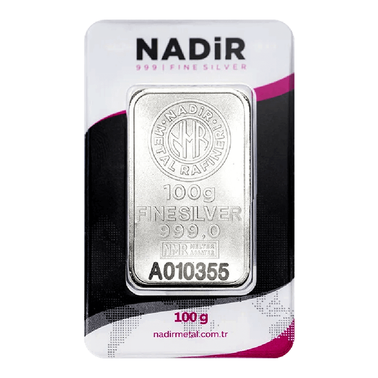 شمش نقره 100 گرمی عیار 999 نادیر ترکیه (Nadir Metal)