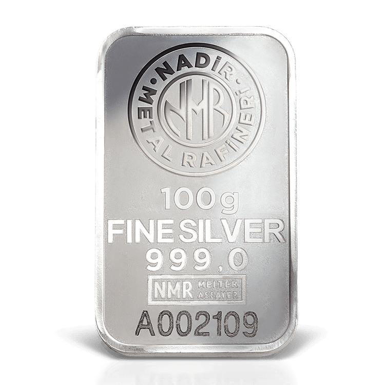 شمش نقره 100 گرمی عیار 999 نادیر ترکیه (Nadir Metal)
