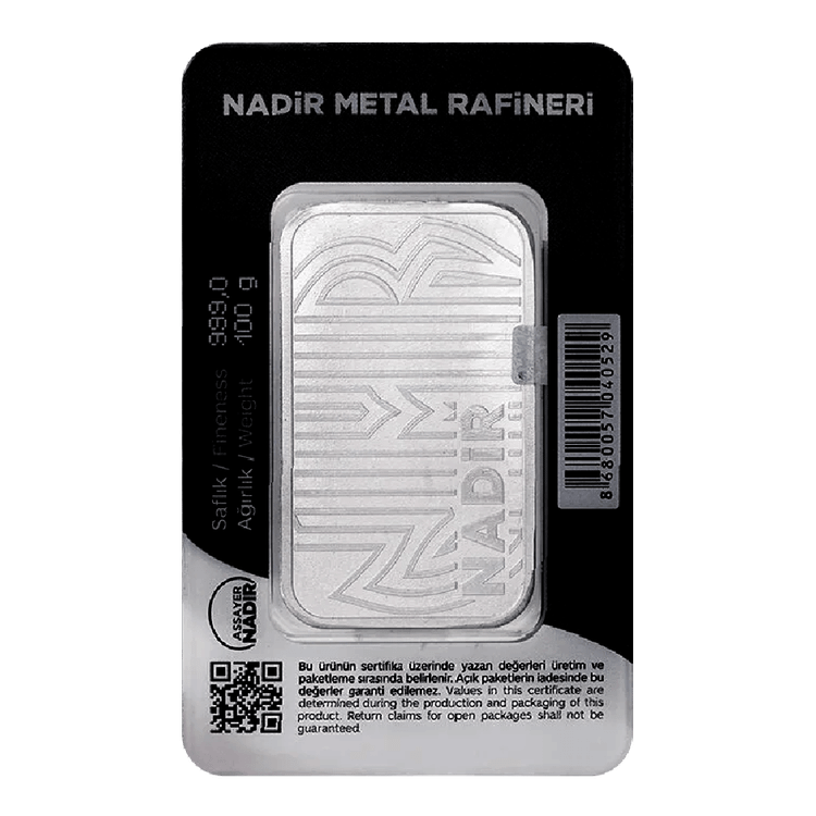 شمش نقره 100 گرمی عیار 999 نادیر ترکیه (Nadir Metal)