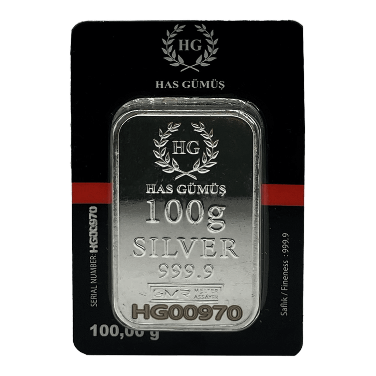 شمش نقره 100 گرمی عیار 999.0 هَس گوموش ترکیه (Has Gümüş) ضرب شده