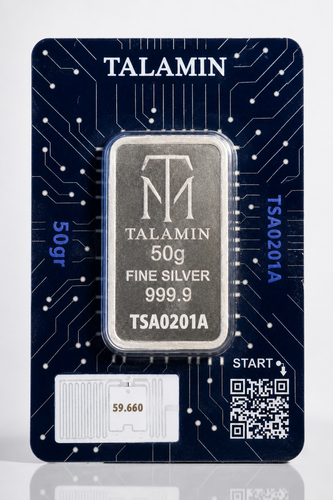 شمش نقره 50 گرمی عیار 999.9 طلامین (TM) لایسنس امارات