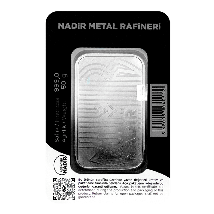شمش نقره ترکیهای ندیر 50 گرمی NADIR عیار 999.9 – نقره فوق خالص