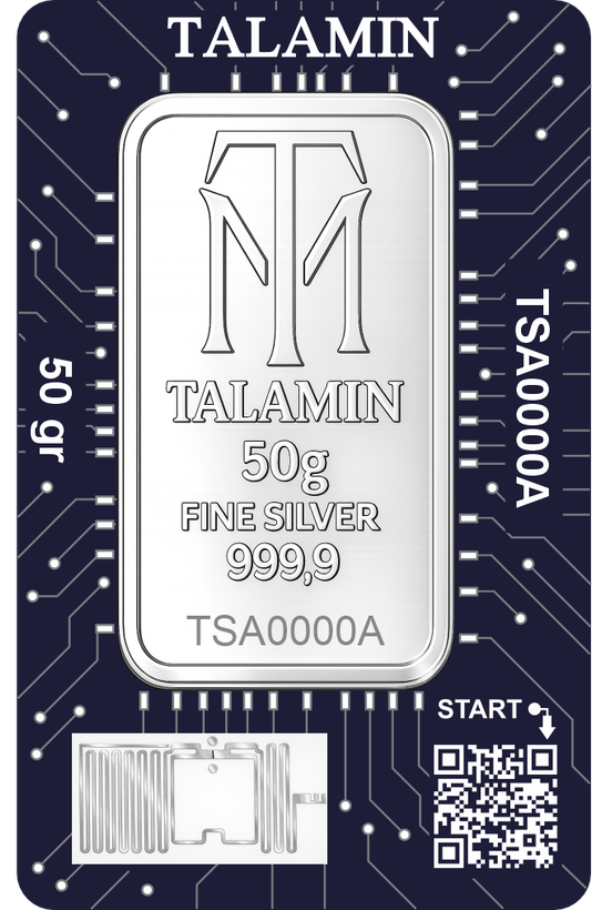 شمش نقره 50 گرمی عیار 999.9 طلامین (TM) لایسنس امارات